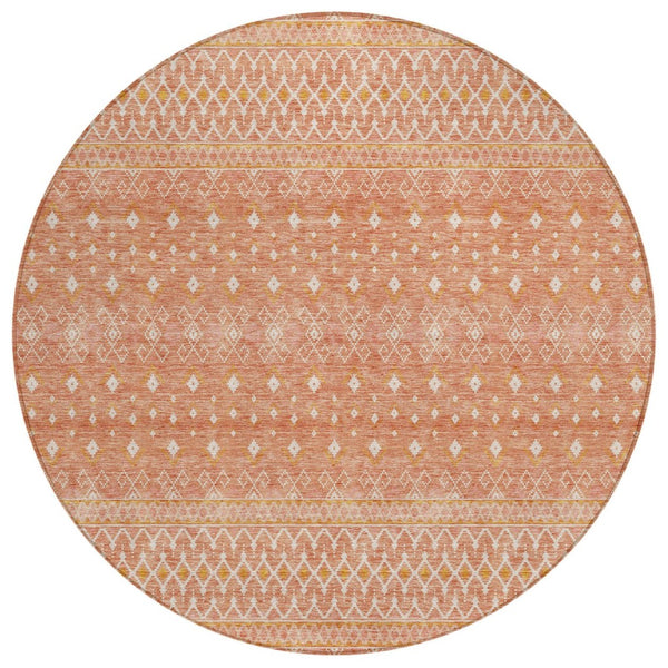 HomeRoots 5' Salmon Gold and Ivory Tribal Area Rug - Stylish, Washable, Indoor/Outdoor Durable Design for Any Space 8' Round 582640