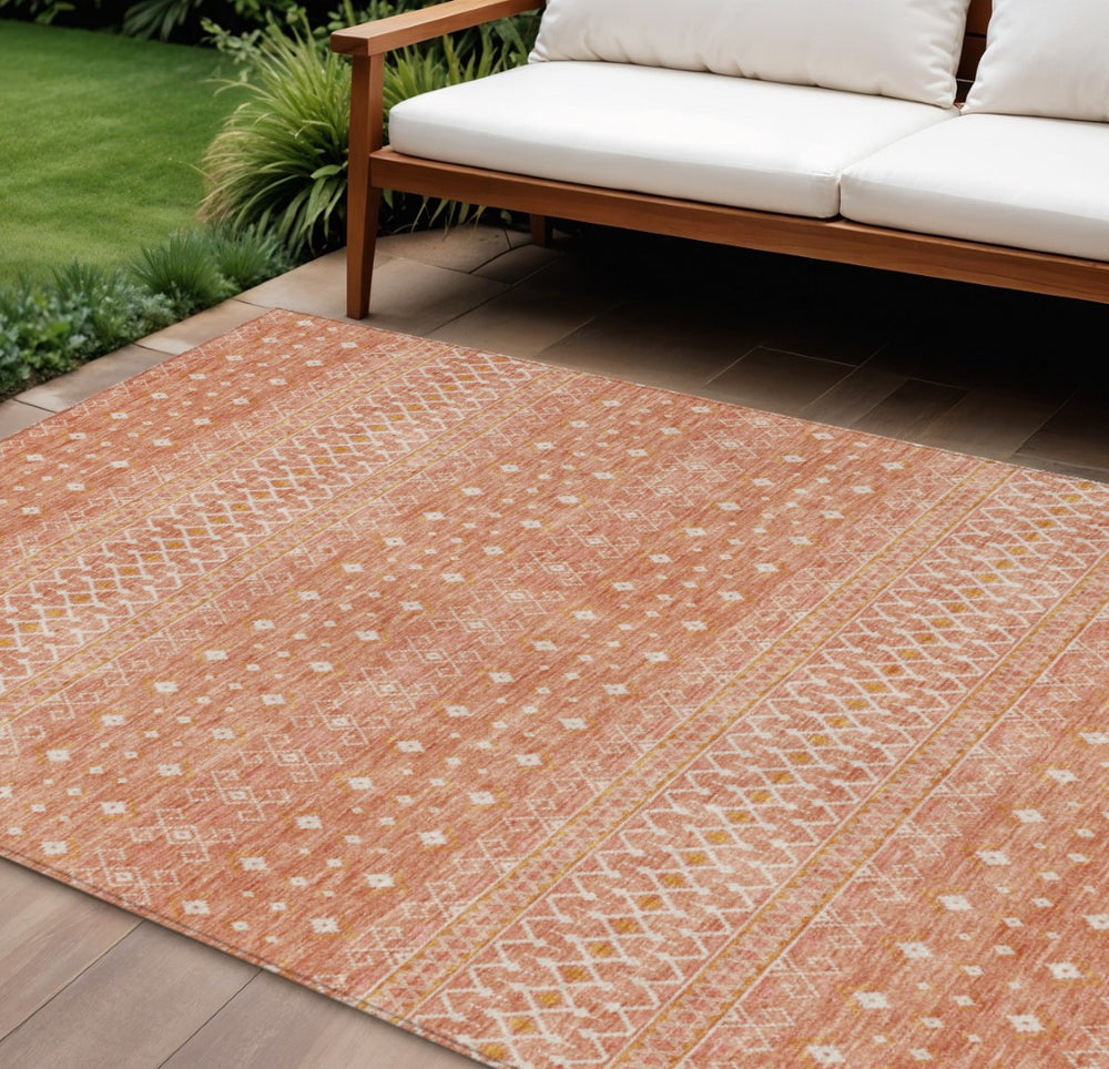 HomeRoots 9' Salmon Gold and Ivory Tribal Area Rug - Stylish, Washable, Indoor-Outdoor Durable Design for All Spaces 9' X 12' 582642