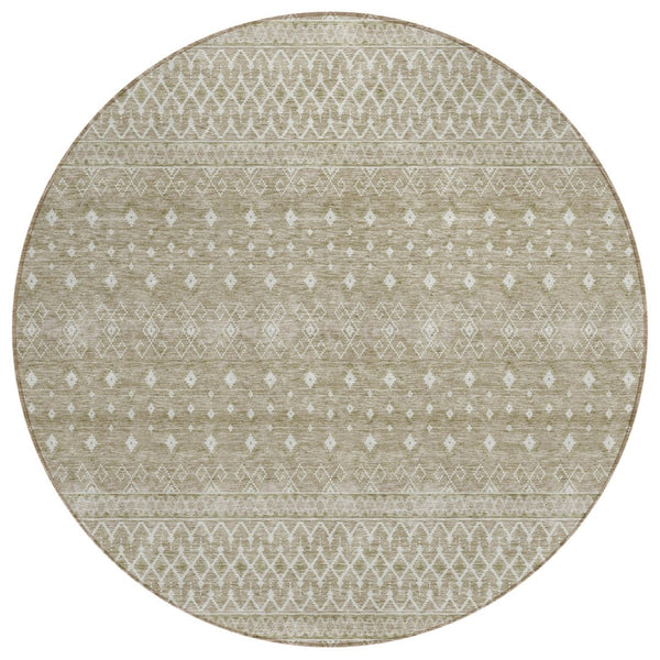 HomeRoots 5' Stylish Taupe Green and Ivory Tribal Washable Area Rug for Indoor and Outdoor Spaces 8' Round 582652