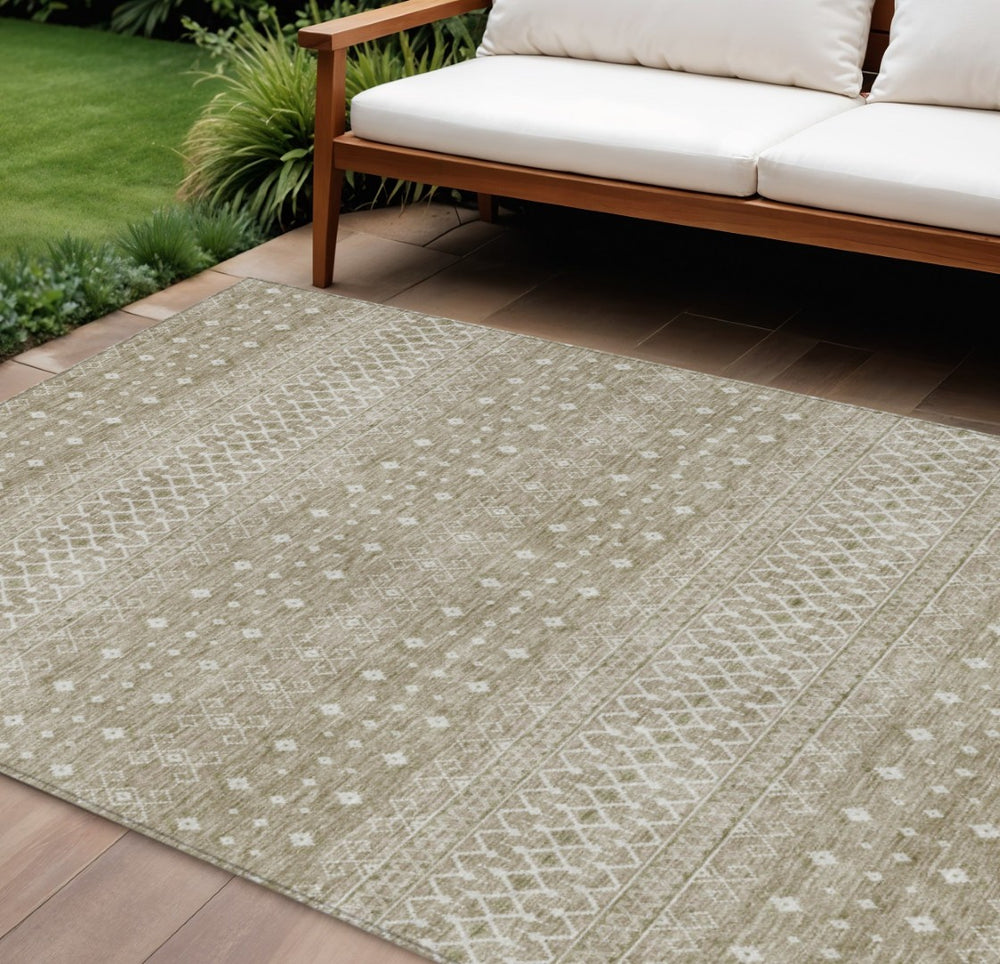 HomeRoots 5' Stylish Taupe Green and Ivory Tribal Washable Area Rug for Indoor and Outdoor Spaces 10' X 14' 582655