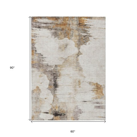 Homeroots 3' Elegant Beige Ivory And Taupe Abstract Washable Area Rug For Indoor And Outdoor Spaces 5' X 8' Polyester 582657