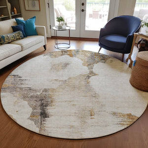 Homeroots 3' Elegant Beige Ivory And Taupe Abstract Washable Area Rug For Indoor And Outdoor Spaces 8' Round Polyester 582658
