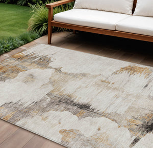 Homeroots 3' Elegant Beige Ivory And Taupe Abstract Washable Area Rug For Indoor And Outdoor Spaces 8' X 10' Polyester 582659
