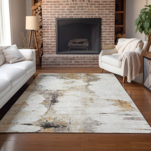 Homeroots 3' Elegant Beige Ivory And Taupe Abstract Washable Area Rug For Indoor And Outdoor Spaces 9' X 12' Polyester 582660
