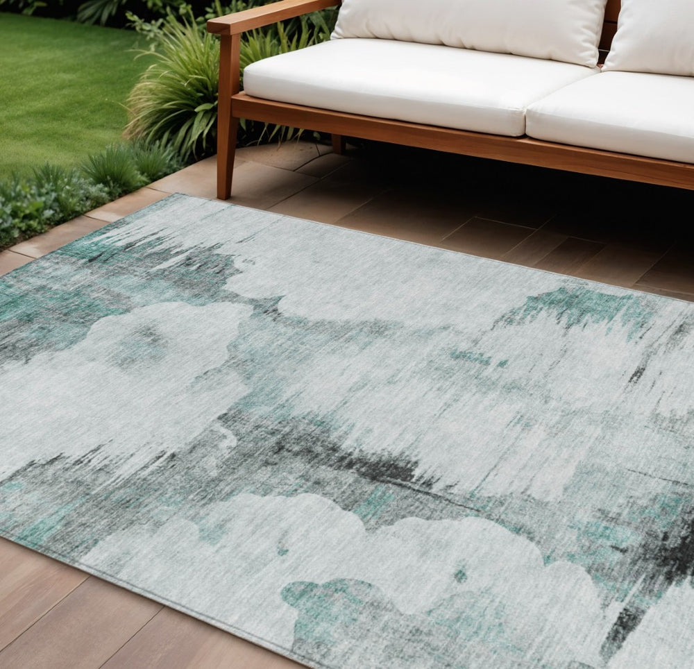 HomeRoots 9' Teal Blue, Silver, and Gray Abstract Area Rug – Stylish, Washable, Perfect for Indoor & Outdoor Use! 9' X 12' 582690