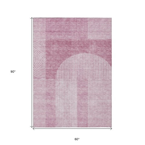 Homeroots 3' Blush Pink And Mauve Geometric Washable Area Rug For Stylish Indoor And Outdoor Spaces 5' X 8' Polyester 582693