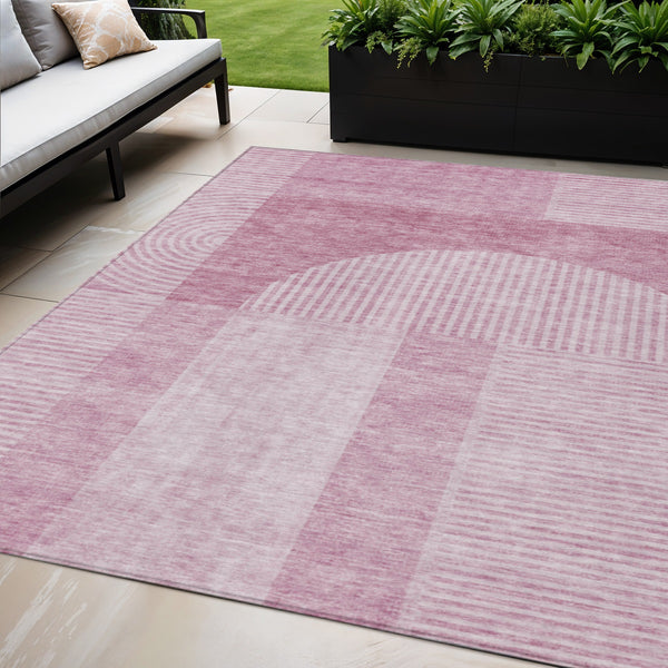 Homeroots 3' Blush Pink And Mauve Geometric Washable Area Rug For Stylish Indoor And Outdoor Spaces 5' X 8' Polyester 582693