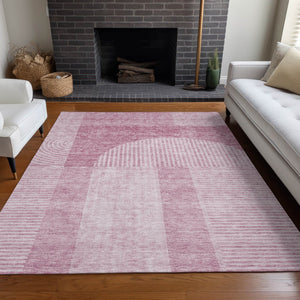 Homeroots 3' Blush Pink And Mauve Geometric Washable Area Rug For Stylish Indoor And Outdoor Spaces 5' X 8' Polyester 582693