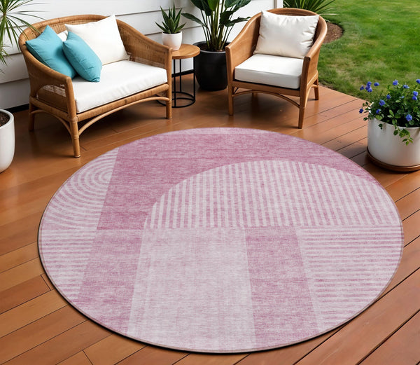Homeroots 3' Blush Pink And Mauve Geometric Washable Area Rug For Stylish Indoor And Outdoor Spaces 8' Round Polyester 582694