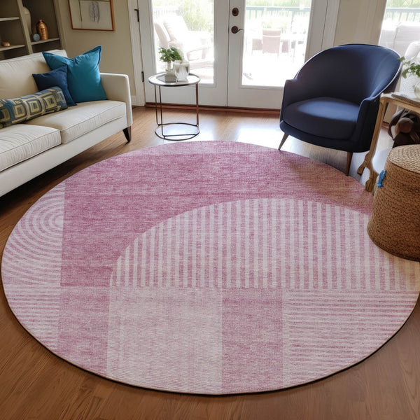 Homeroots 3' Blush Pink And Mauve Geometric Washable Area Rug For Stylish Indoor And Outdoor Spaces 8' Round Polyester 582694