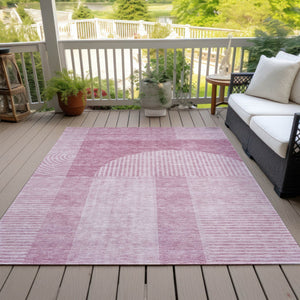 Homeroots 3' Blush Pink And Mauve Geometric Washable Area Rug For Stylish Indoor And Outdoor Spaces 9' X 12' Polyester 582696