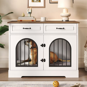 English Elm 43.3" Farmhouse Mdf Dog Crate Console with Drawers and Rotating Bowls for Large Breeds N704P414598A
