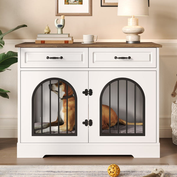 English Elm 43.3" Farmhouse Mdf Dog Crate Console with Drawers and Rotating Bowls for Large Breeds N704P414598A