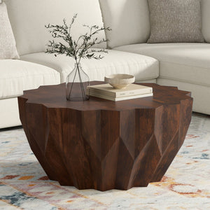 English Elm Turnbull Round Mango Wood Coffee Table Sculptural Faceted Edge Low Profile Modern B136P429094