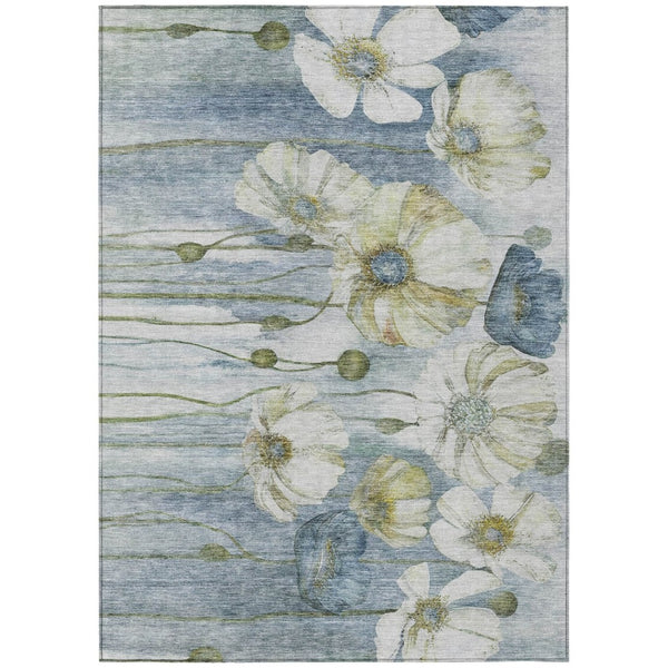 HomeRoots 5' Denim Blue Floral Area Rug - Durable, Washable, Indoor/Outdoor Design for High-Traffic Spaces 5' X 8' 582747