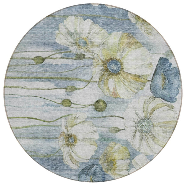 HomeRoots 5' Denim Blue Floral Area Rug - Durable, Washable, Indoor/Outdoor Design for High-Traffic Spaces 8' Round 582748