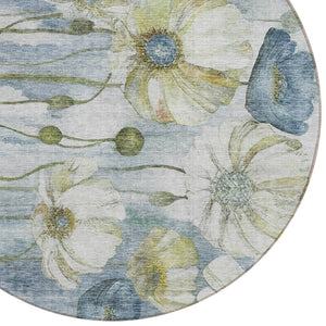 Homeroots 3' Denim Blue Floral Washable Area Rug - Perfect For Indoor Outdoor Spaces, Stain Resistant Design 8' Round Polyester 582748