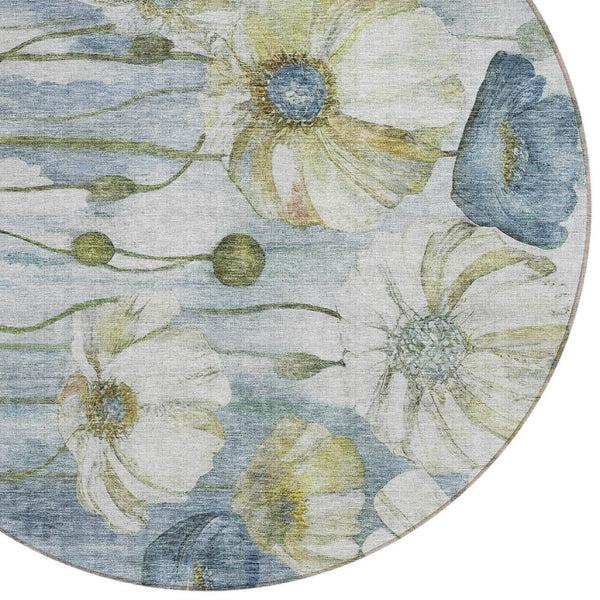 Homeroots 3' Denim Blue Floral Washable Area Rug - Perfect For Indoor Outdoor Spaces, Stain Resistant Design 8' Round Polyester 582748