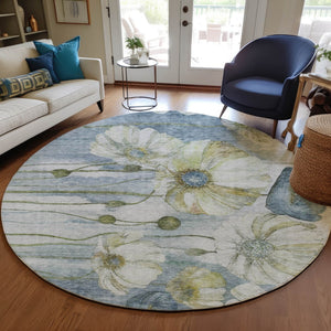 Homeroots 3' Denim Blue Floral Washable Area Rug - Perfect For Indoor Outdoor Spaces, Stain Resistant Design 8' Round Polyester 582748