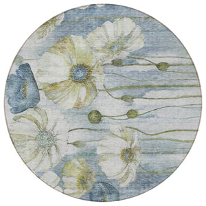 Homeroots 3' Denim Blue Floral Washable Area Rug - Perfect For Indoor Outdoor Spaces, Stain Resistant Design 8' Round Polyester 582748