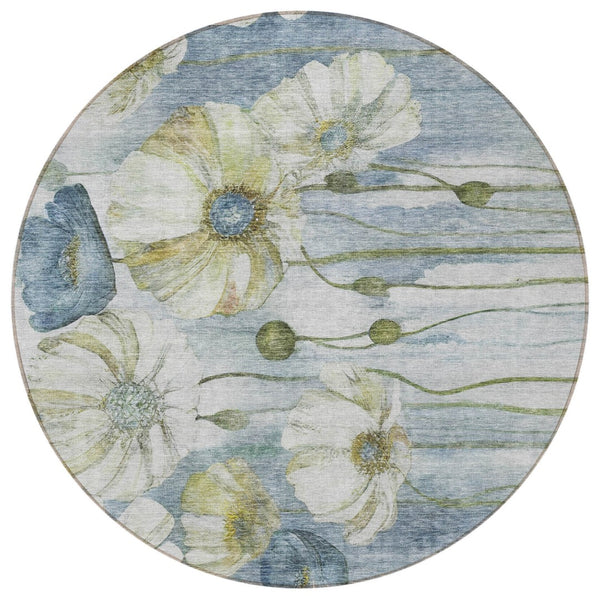 Homeroots 3' Denim Blue Floral Washable Area Rug - Perfect For Indoor Outdoor Spaces, Stain Resistant Design 8' Round Polyester 582748