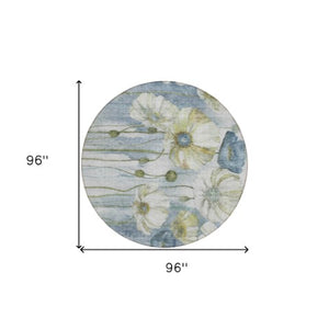 Homeroots 3' Denim Blue Floral Washable Area Rug - Perfect For Indoor Outdoor Spaces, Stain Resistant Design 8' Round Polyester 582748