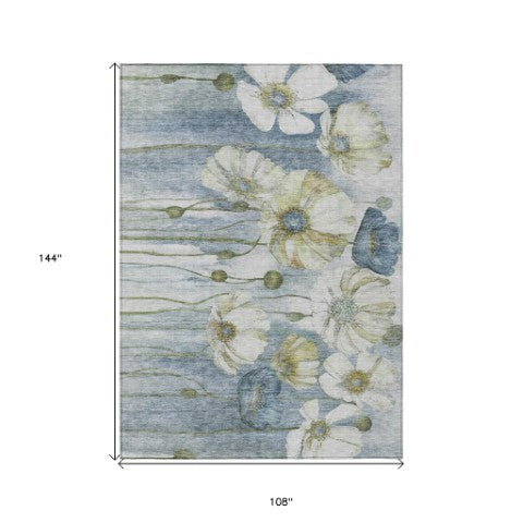 Homeroots 3' Denim Blue Floral Washable Area Rug - Perfect For Indoor Outdoor Spaces, Stain Resistant Design 9' X 12' Polyester 582750