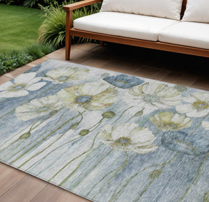 Homeroots 3' Denim Blue Floral Washable Area Rug - Perfect For Indoor Outdoor Spaces, Stain Resistant Design 9' X 12' Polyester 582750