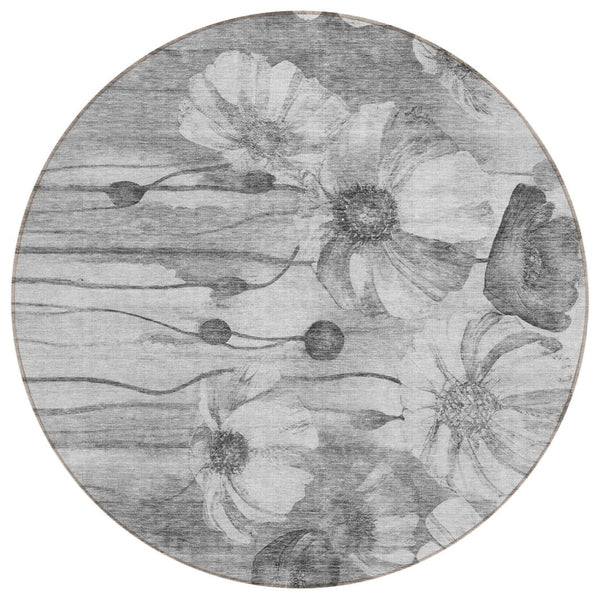 HomeRoots 5' Elegant Gray Charcoal and Silver Floral Washable Indoor Outdoor Area Rug for All Spaces 8' Round 582754