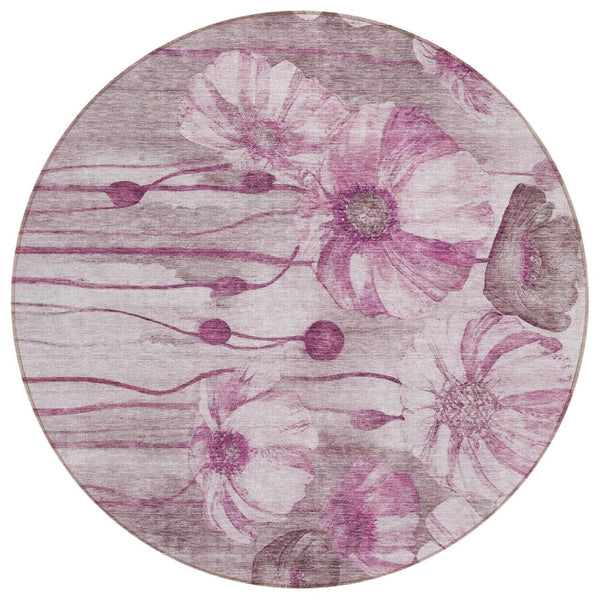 HomeRoots 5' Floral Washable Area Rug in Plum Mauve and Pink - Durable Design for Indoor and Outdoor Spaces 8' Round 582760