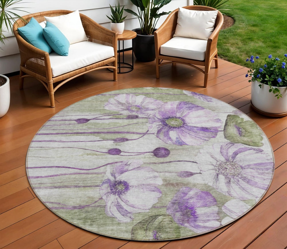 HomeRoots 5' Refreshing Purple and Lavender Floral Washable Area Rug for Indoor and Outdoor Spaces 8' Round 582766