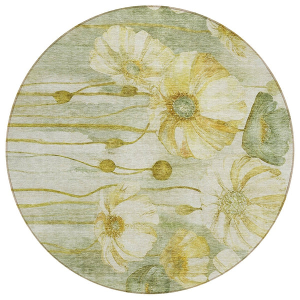 HomeRoots 5' Elegant Sage Fern Green and Ivory Floral Area Rug - Durable, Washable, Perfect for Indoor and Outdoor Spaces 8' Round 582772