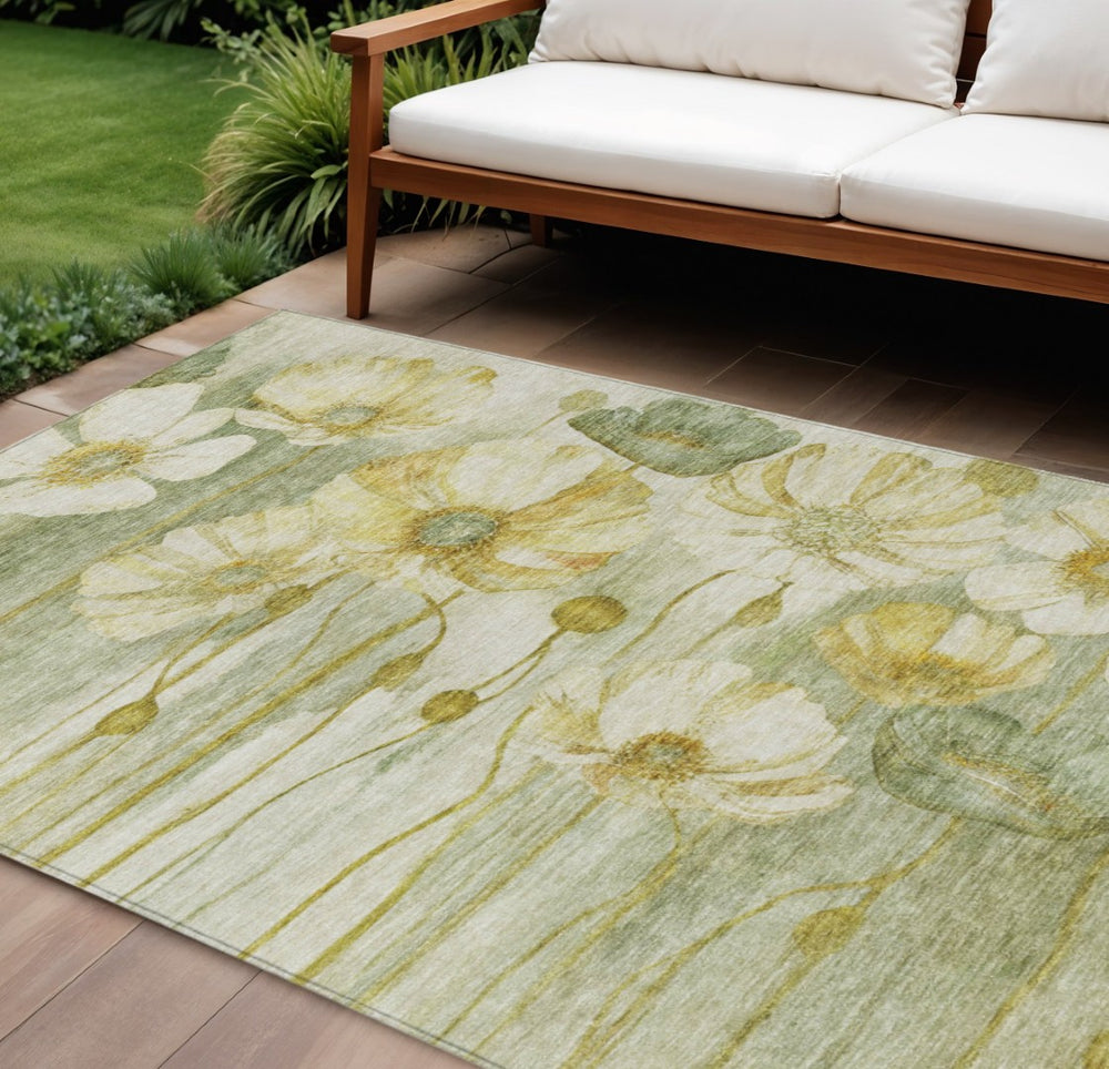 HomeRoots 9' Sage Fern Green and Ivory Floral Indoor Outdoor Area Rug – Stylish, Durable, Easy-Care Design 9' X 12' 582774