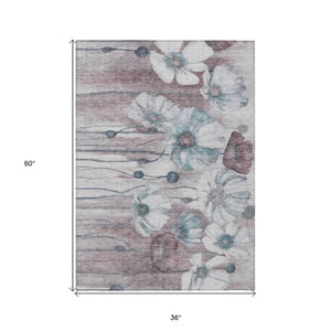 Homeroots 3' Denim Blue Floral Washable Area Rug - Perfect For Indoor Outdoor Spaces, Stain Resistant Design 3' X 5' Polyester 582776
