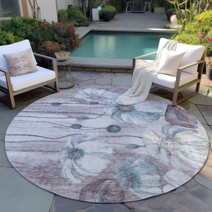 Homeroots 3' Denim Blue Floral Washable Area Rug - Perfect For Indoor Outdoor Spaces, Stain Resistant Design 8' Round Polyester 582778
