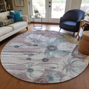 Homeroots 3' Denim Blue Floral Washable Area Rug - Perfect For Indoor Outdoor Spaces, Stain Resistant Design 8' Round Polyester 582778