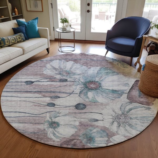 Homeroots 3' Denim Blue Floral Washable Area Rug - Perfect For Indoor Outdoor Spaces, Stain Resistant Design 8' Round Polyester 582778