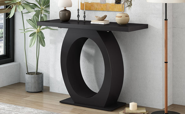 English Elm Mirod Sculptural Console Table Acacia Veneer Gloss Top Egg Base Entryway Accent Black N760P214780B