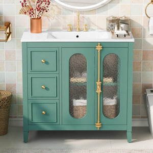 English Elm 36-inch Modern Bathroom Vanity Pine Frame Ceramic Sink 3 Drawers Glass Door Cabinet N710P223192F