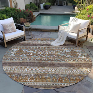 Homeroots 3' Chocolate And Gray Southwestern Indoor Outdoor Rug - Durable, Washable, Stylish For Any Space 8' Round Polyester 582814