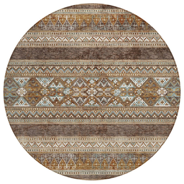 HomeRoots 5' Southwestern Chocolate and Gray Area Rug - Durable, Washable, Stylish for Indoor and Outdoor Use 8' Round 582814