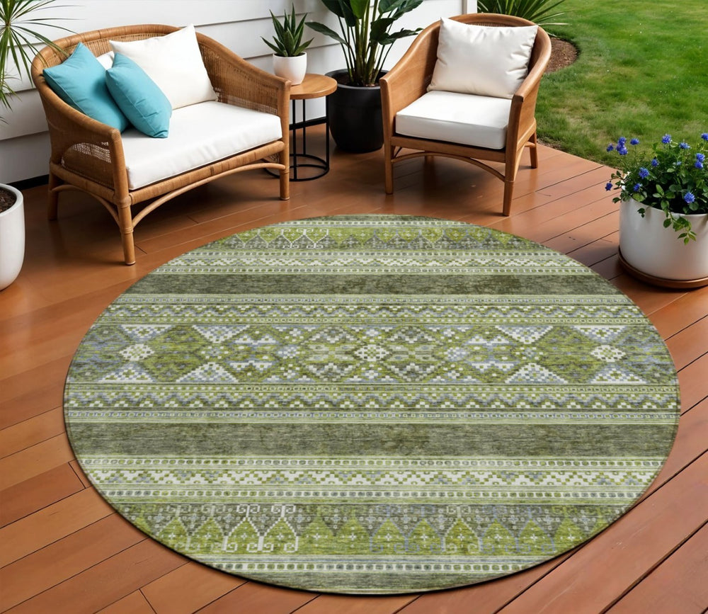 HomeRoots 5' Olive Green Southwestern Washable Area Rug – Durable, Stain-Resistant Design for Indoor & Outdoor Use 8' Round 582838