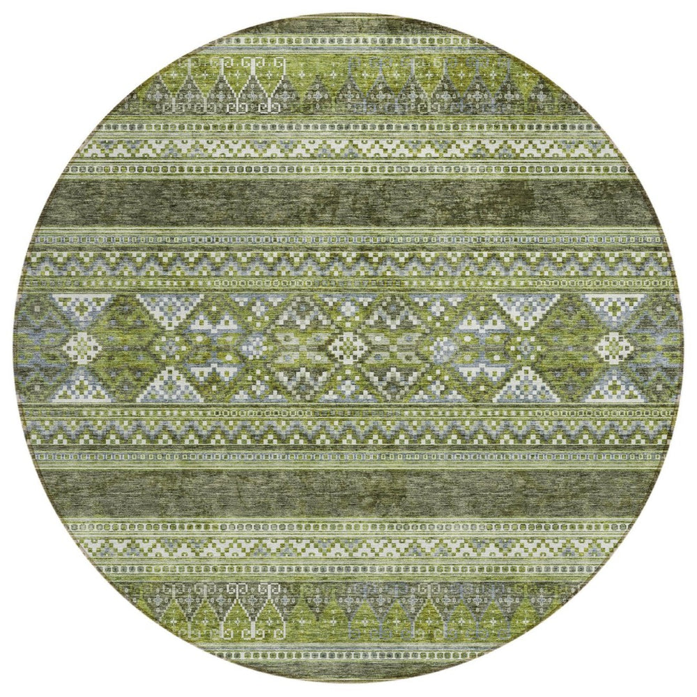 HomeRoots 5' Olive Green Southwestern Washable Area Rug – Durable, Stain-Resistant Design for Indoor & Outdoor Use 8' Round 582838