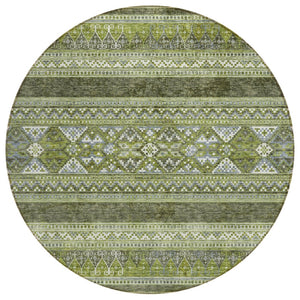HomeRoots 5' Olive Green Southwestern Washable Area Rug – Durable, Stain-Resistant Design for Indoor & Outdoor Use 8' Round 582838