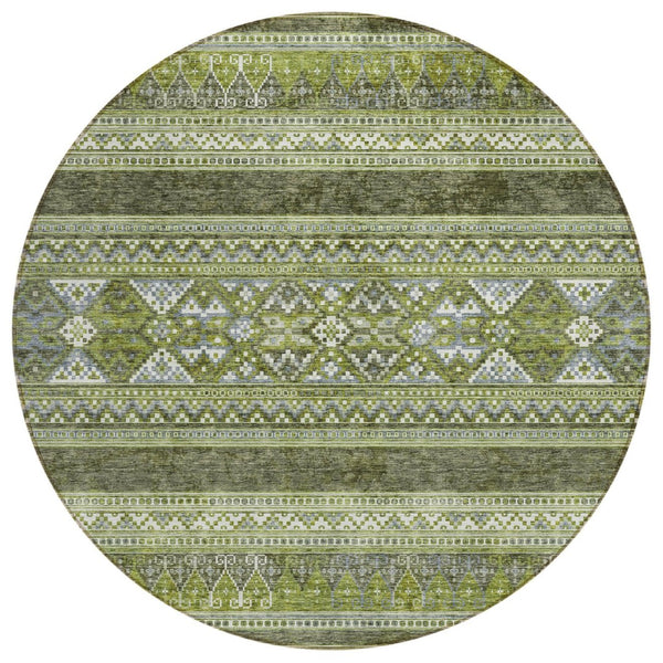 HomeRoots 5' Olive Green Southwestern Washable Area Rug – Durable, Stain-Resistant Design for Indoor & Outdoor Use 8' Round 582838