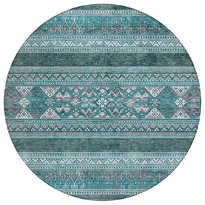 HomeRoots 5' Teal Blue Ivory Gray Southwestern Washable Area Rug for Indoor Outdoor Spaces, Durable & Stylish 8' Round 582862