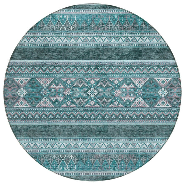 HomeRoots 5' Teal Blue Ivory Gray Southwestern Washable Area Rug for Indoor Outdoor Spaces, Durable & Stylish 8' Round 582862