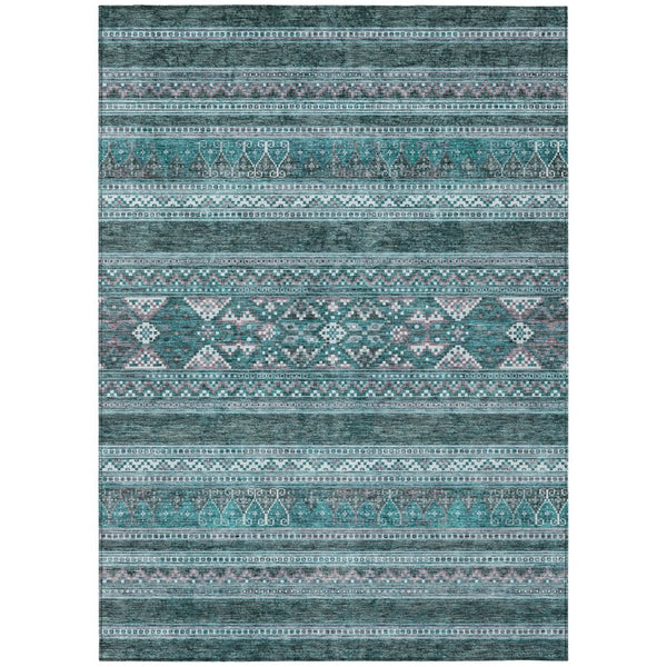 HomeRoots 5' Teal Blue Ivory Gray Southwestern Washable Area Rug for Indoor Outdoor Spaces, Durable & Stylish 8' X 10' 582863