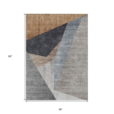 Homeroots 3' Stylish Taupe Beige And Gray Abstract Washable Area Rug For Indoor And Outdoor Spaces 3' X 5' Polyester 582872