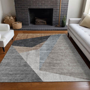 Homeroots 3' Stylish Taupe Beige And Gray Abstract Washable Area Rug For Indoor And Outdoor Spaces 9' X 12' Polyester 582876